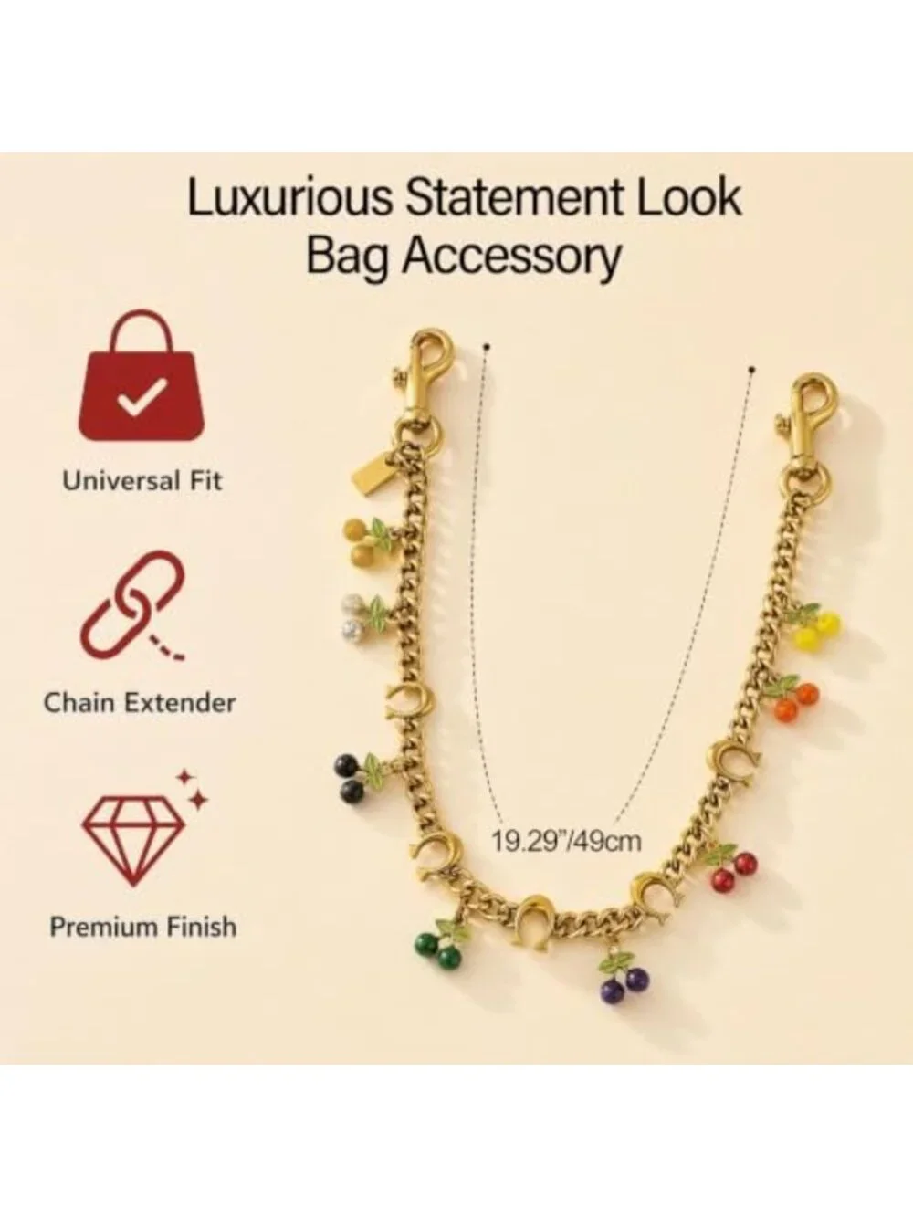 Colorful Cherry Bag Chain Charm - Gold Purse Extender & Decorative Strap